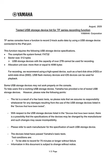 yamaha雅马哈Tested USB storage device list for TF series recording function